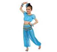Vestido de danza del vientre para niñas, conjunto de 6 piezas, top + pantalones, cinturón + 2 pulseras + flor de cabeza, disfraz de espectáculo árabe Bollywood para niños indios, traje de carnaval, 3