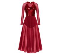 Vestido de Danza Lírica Contemporánea con Bordado de Lentejuelas para Mujer Ropa Baile Latino Manga Larga Praise Danza Vestido Disfraz Bailarina Maillot Patinaje Artistico Mujer Rojo X-S