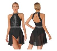 Vestido De Danza LíRica Moderno Gymmatics-Ropa de baile de Ballet contemporáneo moderno, vestido de baile lírico, vestido brillante con diamantes de imitación, disfraz de patinaje artístico(Black C,M)