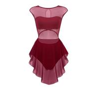 Vestido de Danza lírica para Mujer Vestido de ballet for mujer, vestido de leotardo gimnástico, sin mangas, cuello redondo, corte frontal, malla asimétrica, danza, gimnasia, Ballet, Ropa de baile(Wine