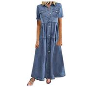 Vestido de Denim Vaquero Mujer Cortos Manga Corta V-Cuello Un Solo Pecho Vintage Denim Verano Paquete De Cadera Sencillos Slim Fit Elegantes Moda Casual Vestidos Camiseros Mini Vestido