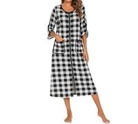 Vestido de dormir para mujer de manga larga, vestido de noche largo a cuadros, pijamas sueltos, cuello redondo, traje de casa para otoño e invierno, pijama suave, camiseta informal, tallas grandes