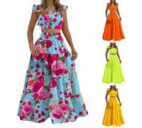 Vestido de dos piezas para mujer, elegante blusa corta con volantes y cintura elástica, falda sexy con vuelo, conjunto de falda larga casual de verano, vestido largo floral para verano, vacaciones
