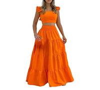 Vestido de dos piezas para mujer UK elegante manga volantes crop top y cintura elástica falda swing sexy moda casual falda larga conjunto verano floral maxi vestido para vacaciones, A., L
