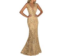 Vestido de encaje con cuello alto falso, vestido de noche para mujer, vestido de graduación, vestido de fiesta con lentejuelas brillantes, vestido largo sin mangas, vestido formal de verano, dorado, L