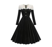 Vestido de encaje con cuello en V y manga larga para mujer, de terciopelo de felpa, casual, ajustado, acampanado, acampanado, con botones, vestido de té de terciopelo para cóctel, noche, regreso a