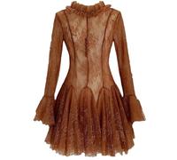 Vestido de encaje con lentejuelas y botones para mujer, manga acampanada, borde de hongos, color liso, marrón, M