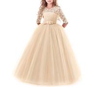 Vestido de encaje de manga 3/4 para niñas, para boda, dama de honor, primera comunión, noche, fiesta, largo hasta el suelo, vestido de princesa, desfile, cumpleaños, graduación, carnaval, Navidad,