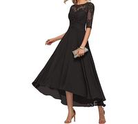 Vestido de encaje para madre de la novia, mangas 3/4, longitud del té, gasa, formal, boda, fiesta, graduación, vestidos para mujer, Negro, 50