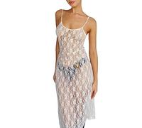 Vestido de encaje para mujer, vestido bodycon de encaje, sin mangas, espalda transparente, vestido de cóctel, fiesta, club, vestido largo, G White, M