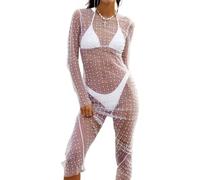 Vestido de encubrimiento de perlas de malla para mujeres, sexy y sexy vestido de diamantes de diablo blanco, cuello redondo, manga larga, transpirable para perlas para traje de baño de trajes de.