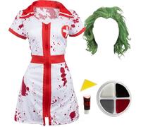 Vestido de enfermera sangrienta para hombre, talla L, vestido de enfermera sangrienta blanco y rojo, sombrero de lactancia, peluca verde, pintura facial y sangre falsa, disfraz de despedida de soltero
