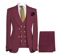 Vestido de esmoquin de 3 piezas de color sólido para hombre, chaqueta, chaleco, pantalones, para negocios, boda, graduación, traje de negocios con botón dorado, granate, L