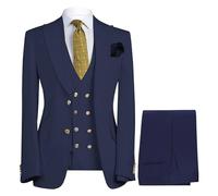Vestido de esmoquin de 3 piezas de color sólido para hombre, chaqueta, chaleco, pantalones, para negocios, boda, graduación, traje de negocios con botón dorado, Azul oscuro, L