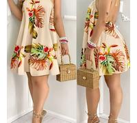 Vestido de estilo vacacional y para y verano , anillo de cuello con tiras finas sin hombros y espalda , falda corta holgada en línea, tejido y drapado, ropa para citas y playa []