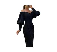 Vestido de Fiesta Ajustado con Tirantes para Mujer, Vestido Sexy con Cuello en V y Cintura Plisada a la Cadera, Vestido Informal de otoño con Mangas abullonadas y Hombros Descubiertos