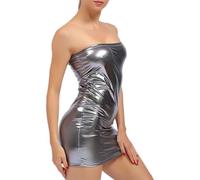 Vestido de fiesta brillante para mujeres, sexy metálico Wetlook Clubwear Tube sin tirantes Falda superior, vestido cuero patente sin mangas, mini atuendo fuera del hombro para fiesta del club nocturno