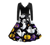 Vestido de fiesta de Halloween para mujer, vestido de noche de baile, manga larga, cuello en V, cintura alta, acampanado, estampado de fantasmas de dibujos animados, vestido elegante con cinturón para