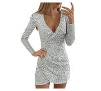 Vestido de fiesta de lentejuelas para mujer, talla grande, manga larga, cuello en V, brillante, fruncido, corto, sexy, cintura alta, dobladillo irregular, bodycon, cóctel, club, discoteca, vestidos de