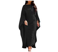 Vestido de fiesta de satén de moda 2026 Bata Abaya Mujeres Musulmanas Elegante Sólido Cuello Redondo Mangas de Murciélago Vestido Suelto Mujeres, Negro , XXL