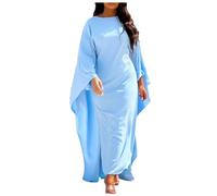 Vestido de fiesta de satén de moda bata Abaya mujeres musulmanas elegante sólido cuello redondo manga murciélago suelto maxi vestido de las mujeres, azul, XXL
