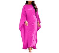 Vestido de fiesta de satén de moda bata Abaya mujeres musulmanas elegante sólido cuello redondo manga murciélago suelto maxi vestido de las mujeres, Rosa intenso., XL