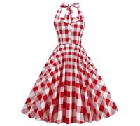 Vestido de fiesta de té de fiesta de fiesta de fiesta de té de baile vintage de los años 50 con botones florales de los años 50 Rockabilly Audrey Hepburn, Tartán rojo y blanco, Small