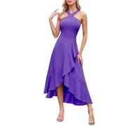 Vestido de fiesta genérico para mujer, moda, color sólido, dobladillo con volantes de cuello alto, fiesta, corte de talla, estilo elegante, vestido corto de ceremonia para ocasión formal, morado, S