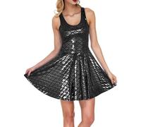 Vestido de Fiesta Informal con Estampado Floral, Lentejuelas neón, Corte A, Brillante, Mangas Cortas y Cuello Redondo, cómodo y para Uso Diario. (Black, L)