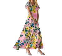 Vestido De Fiesta Mujer, Vestido De Verano Mujer Vestidos Elegante Elegante Vestidos Largo Manga Corta con Cuello En V Y Estampado Floral para Corte En A Estilo Veraniego Cintura Alta Fiesta