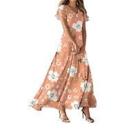 Vestido De Fiesta Mujer, Vestido Elegante Mujer Evento Vestidos Elegante Vestidos Largo De Manga Corta con Cuello En V Y Estampado Floral para Estilo Playero Fluido con Vuelo Corte En A Ideal para El