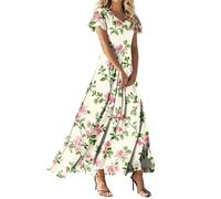 Vestido De Fiesta Mujer, Vestidos De Fiesta Mujer Vestidos Elegante Vestido Largo Manga Corta con Cuello En V Y Estampado Floral para Ligero Y Fluido Estilo Acampanado Ideal para El Verano Camiseros