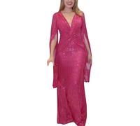 Vestido De Fiesta Para Mujer Chic Ceremonia De Noche Para Dama de honor con Lentejuelas Dividida Manga Larga Cuello en V Adornada Con Cuentas De Invitados De Boda, rojo, S