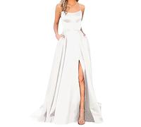 Vestido de fiesta para mujer, largo de cóctel, tallas grandes, monocolor, elegante, sin espalda, vestido largo, de satén, con abertura lateral, para boda, fiesta de noche, con bolsillos, Blanco, M