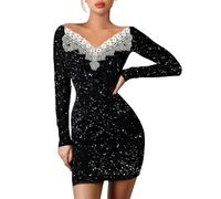 Vestido de fiesta para mujer, negro, brillante, vestido de cóctel para mujer, corto, estrecho, cuello redondo, con bordado calado, vestido de lentejuelas, vestido de manga larga, vestido maxi con