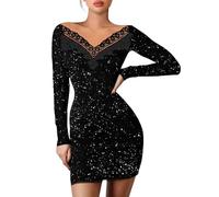 Vestido de fiesta para mujer, negro, brillante, vestido de cóctel para mujer, corto, estrecho, cuello redondo, con bordado calado, vestido de lentejuelas, vestido de manga larga, vestido maxi con