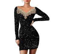 Vestido de fiesta para mujer, negro, brillante, vestido de cóctel para mujer, corto, estrecho, cuello redondo, con bordado calado, vestido de lentejuelas, vestido de manga larga, vestido maxi con