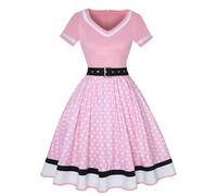 Vestido de Fiesta Vintage para Mujer con cinturón Estampado de Lunares Manga Corta Hepburn Robe Pin Up Rockabilly Vestidos-rosa-4XL