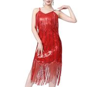 Vestido de flecos con borlas y lentejuelas, vestido de baile latino, cuello en V, vestidos largos para baile de salón, club, fiesta, flapper, vestido de lentejuelas para mujer, rosso, S