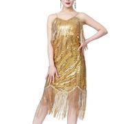 Vestido de flecos con borlas y lentejuelas, vestido de baile latino, cuello en V, vestidos largos para baile de salón, club, fiesta, flapper, vestido de lentejuelas para mujer, dorado, M