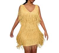 Vestido de Flecos con Cuello en V para Mujer, Vestido Corto sin Mangas de Lentejuelas Sexy Vestido de Fiesta de Cóctel de los Vestido de Baile Traje de Baile Latino Uniforme de Baile(Ya Oro,5XL)
