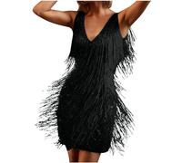 Vestido de flecos dorado con plumas, traje de discoteca, cuello en V, sexy, corto, vestido de baile latino, vestido de los años 20, vestido de mujer con flecos, sin mangas, formal, cóctel, gala, borla