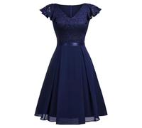 Vestido de Gasa con Encaje para Mujer, Escote en V, Vestido de Dama Honor, Corto Formal cóctel para invitada Boda, Azul Marino, Talla XX Large