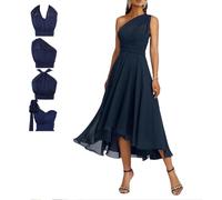 Vestido De Gasa con Escote Convertible para Dama De Honor, Ideal para Invitadas De Boda, Versátil, 2025,Azul,XS