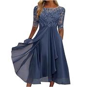 Vestido de Gasa de Encaje Bordado de Longitud de té para Mujer Vestido simulado Vestido Mujer Manga Larga (Blue, XXXL)