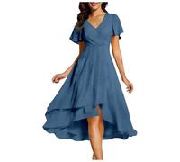 Vestido de Gasa para Mujer Cuello en V Plisado con Mangas Volantes Cintura Alta Corto Midi hasta la Rodilla Elegante para Fiesta Cóctel Boda Eventos Sociales Uso Diario (L)