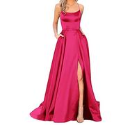 Vestido de graduación para mujer, vestido largo de satén acampanado, con tirantes delgados, elegante vestido formal de noche, dama de honor, boda, fiesta, vestido largo de princesa, hot pink, XL