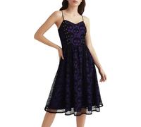 Vestido de Halloween para mujer, estampado de calaveras, correas de espagueti con tirantes, sin mangas, hasta la rodilla, vestido de fiesta, de encaje, tul, línea A, dobladillo túnica, morado, S