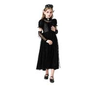 Vestido de Halloween para niña, conjunto de disfraz de hada mágica para niñas princesa, vestido negro de encaje con línea en A Incluye un vestido, un tocado, calentador de brazos y orejas de elfo de 3