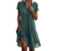 Vestido de invitada de boda, holgado, cuello camisero, manga corta, vestido estampado para mujer, verde, XXL